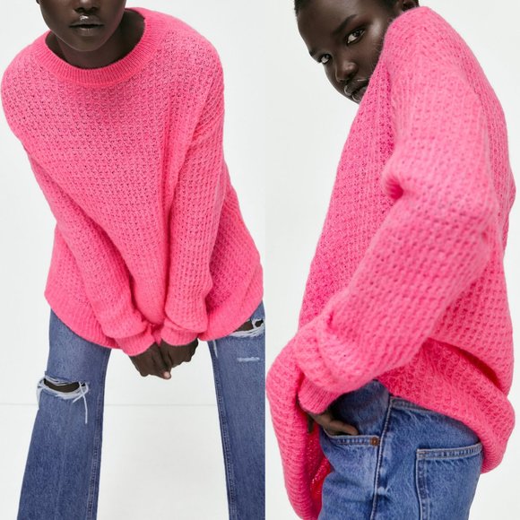 NEW Zara Light Weight Oversized Open Knit Longline Tunic Sweater Neon Pink M - Picture 5 of 9